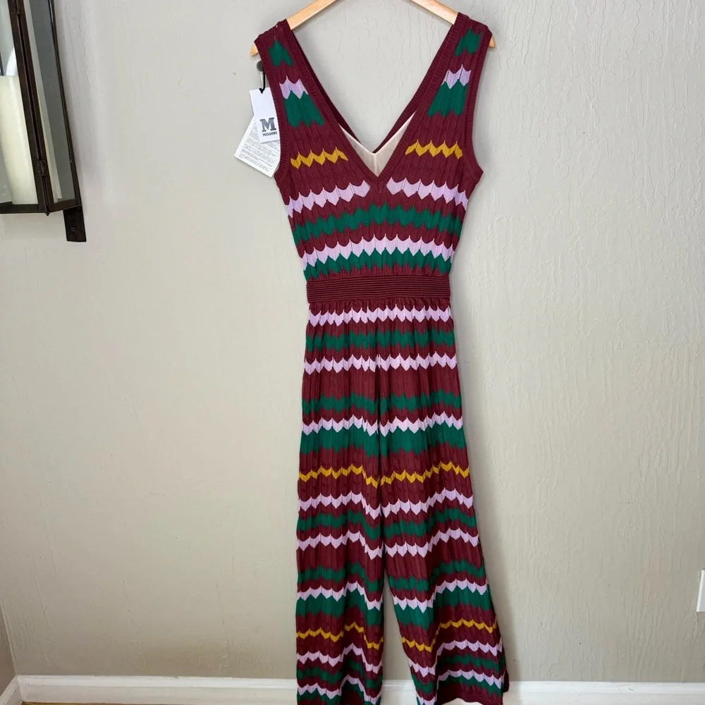 NWT M MISSONI Wide Leg Knit Jumpsuit Long Overalls Zig Zag Pattern V-Neck XS - Picture 13 of 16
